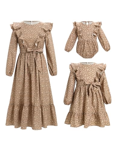 AWIBMK Mommy and Me Matching Dresses Boho Floral Ruffle Long Sleeve Casual Fall Winter Mom Daughter Matching Dress