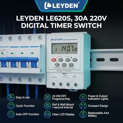 Image of LEYDEN LE620S 220VAC, Time Control Switch 24 Programs Per Day & Cyclic Function Switch for Industrial, Bells, Sirens, Motor, Fogger, Hydroponics System & Other Application