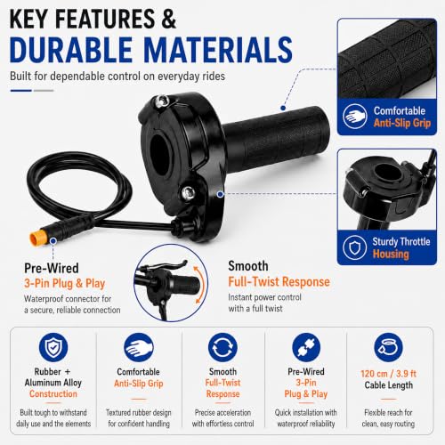 NIFFPD Ebike Full Twist Throttle, 3 Pin Waterproof 12V-72V Surron Style Throttle Grip Kit for 22mm Handlebar Electric Dirt Bike Scooter Mountain Bike — view 2