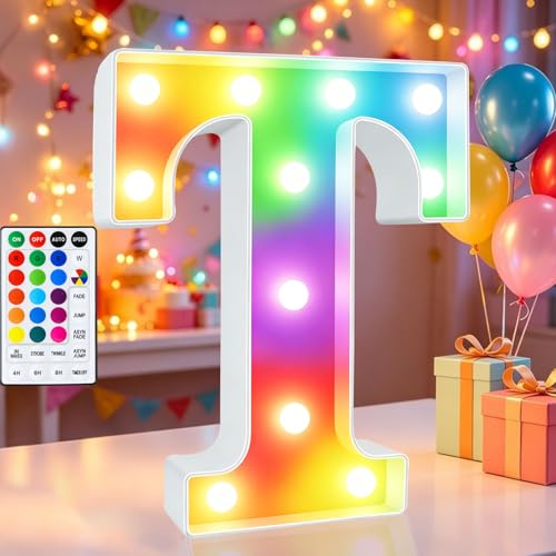 Image of LED Marquee Letter Lights, 18 Colors Changing Light Up Letters with Remote, RGB Alphabet Letters Sign for Girls Boys Gift Birthday Party Night Light Bedroom Wedding Christmas Decor-Colorful T