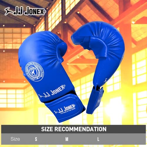Image of Jonex JJ Moulded Karate Glove, Punching Bag Gloves for Training, Foam Padding, Elastic Hook & Loop Wrap Around Strap, Gloves for Better Protection | PU Shell | Foam Padding | Blue |
