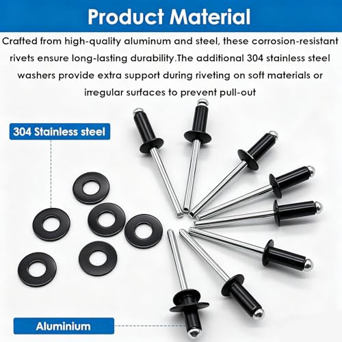 Image of smseace 780Pcs Black Pop Rivets with Washers Assortment Kit-10-Sizes SAE Rivets for Metal 1 /8,3 /16Inch 2-Sizes 304 Stainless Steel Washers for Metal, Furniture, Automotive, Instruments