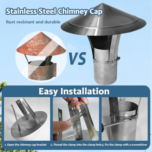 4" 6" 8" 9" 12" Round Chimney Cap, Roof Chimney Rain Cowl, Outside Stainless Steel Flue Top Cap, Fireplace Exhaust Cover for Stove Pipe Vent All Weather Protection(6in(150mm))