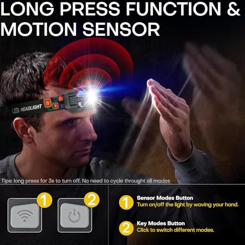 Rechargeable Headlamp Flashlight 3-Pack, 2000 Lumen Super Bright LED Headlight with Red Light, Motion Sensor for Adults Kid, Waterproof Lightweight Head Lamp for Outdoor Camping Running Hiking Fishing - Image 3