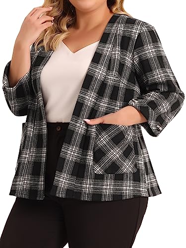Agnes Orinda Plus Size Blazer for Women 3/4 Sleeves Casual Open Front Plaid Cardigan Blazers with Pockets2