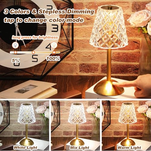 Image of Liliful 4 Pcs Cordless Table Lamp Rechargeable Touch LED Small Gold Portable Battery Operated USB-c Desk Lamp 3 Color Dimmable for Bedroom Living Room Dining (Gold,Diamond Style)