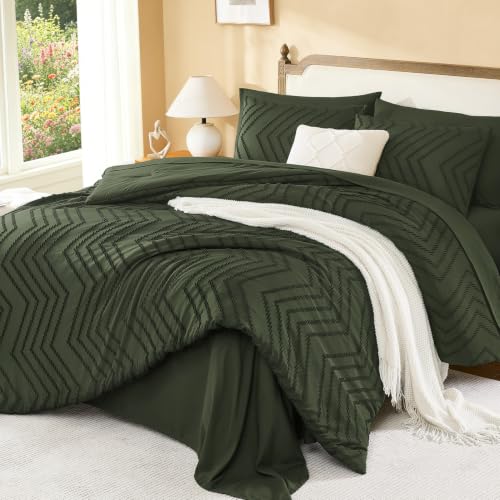 Image of Litanika Oversized Queen Size Comforter Set with Sheets Olive Green - 7 Pieces Bed in a Bag Oversized King Boho Tufted Complete Bedding Sets with Comforter, Sheets, Pillowcases & Shams