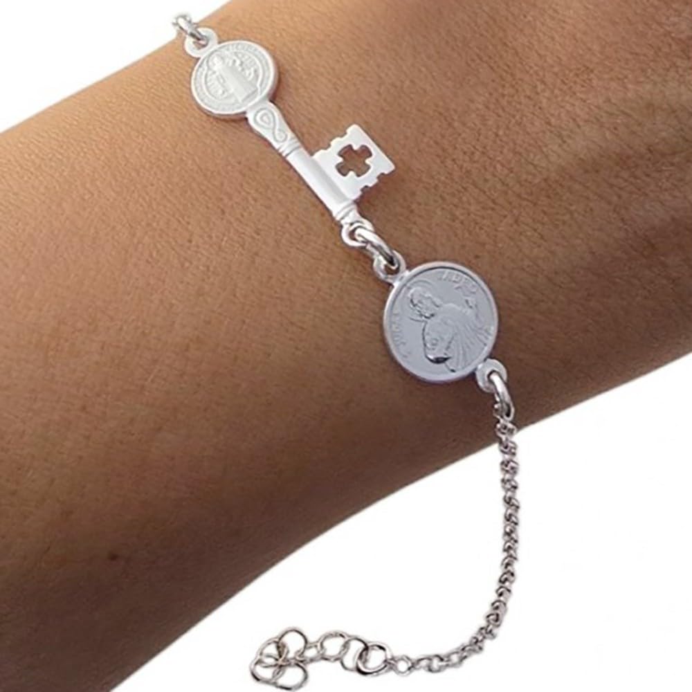 Llave San Benito Pulsera Plata Ley 925m 17cm. cadena rolo 2mm. medalla San Judas Tadeo 10mm.