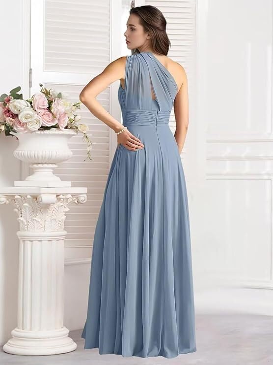 One Shoulder Bridesmaid Dresses with Pockets Long A Line Formal Party Dress Pleated Chiffon Evening Gowns WH33 - Image 2