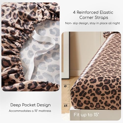 Image of MR&HM Satin Bed Sheets with Elastic Corner Straps, King Size Sheets Set, 6 Pcs Silky Bedding Set with 15 Inches Deep Pocket for Mattress (King, Brown Leopard)