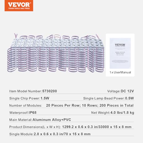 Image of VEVOR 200PCS LED Storefront Lights, 108 ft DC 12V, LED Module 5730 SMD 3-LED 1.5W Window Light With Tape Adhesive Backside, for Business Store Window Advertising Letter Signs, NO Power Supply