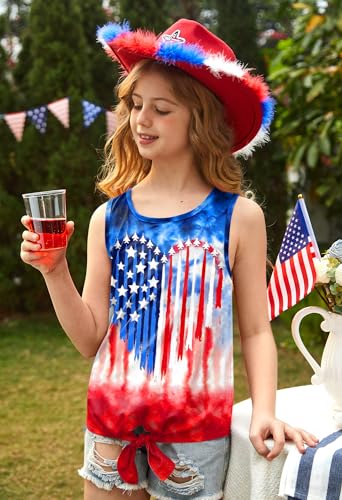 Image of July 4th Girls Patriotic Sleeveless Tie Knot Front Tank Top Stars Stripes Tee Shirt 4-14 Years