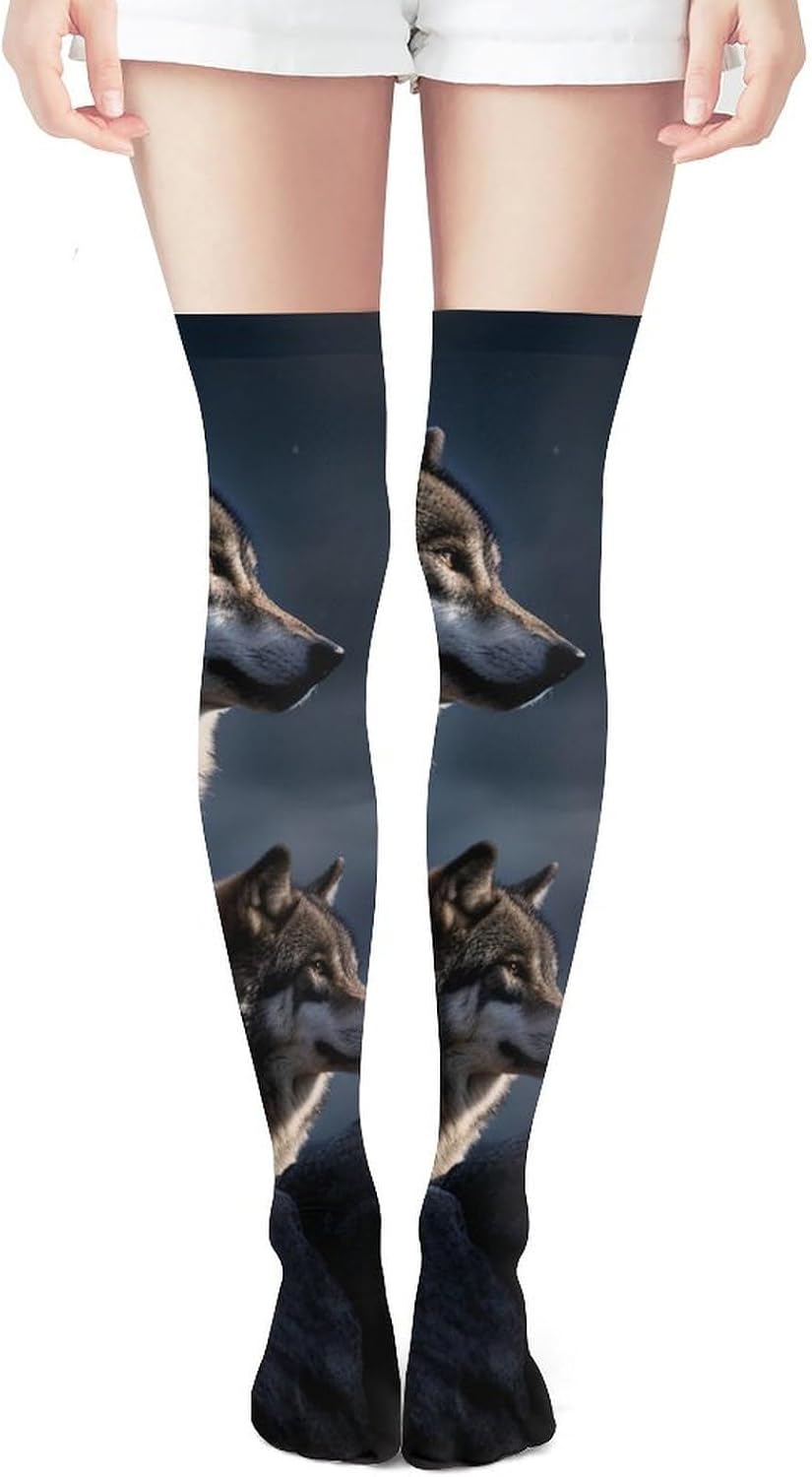 Wolves In The Moonlight Knee High Stockings for Women 23.6" Breathable Thigh High Stockings Over The Knee Socks