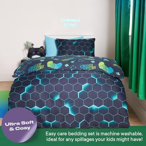 OHS Gaming Duvet Set Single, Reversible Quilt Covers Ultra Soft Comfy Gaming Duvet Bedding for Boys Single Covers with Pillowcase Gamer Gifts for Kids - Green/Blue - Image 3