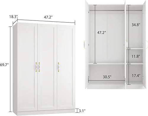 Miniatura 2 de Hitow Armario grande con 3 puertas, armario independiente con compartimento de almacenamiento y barra para colgar, organizador de ropa para