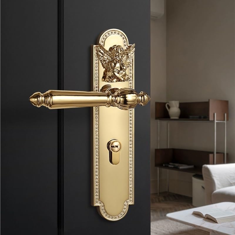 Door knob Little Angel Door Handle Integrated Lock Bedroom Door Silent Room Bathroom Wooden Gold Bright(Color2,Magnetic Lock)