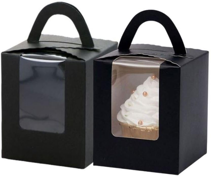 Hewnda 20Pack Single Cupcake Boxes,Portable Individual Cupcake Gift Boxes Containers Holders Boxes with Window and Inserts for Bakery Wrapping Party Favor Packing (black)