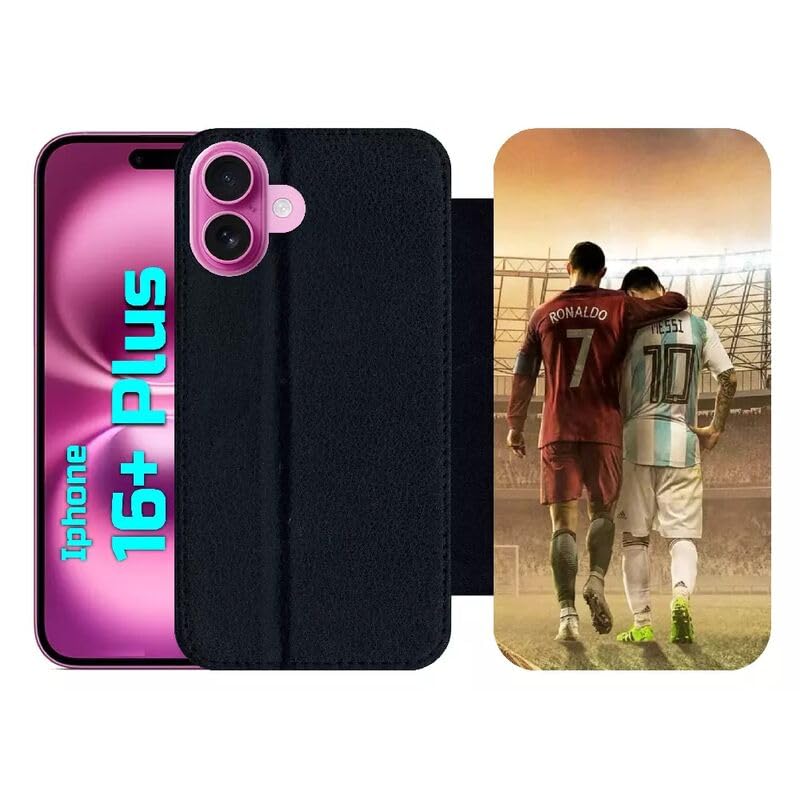 Etui Ronaldo Messi Goat iPhone 16+ simili-cuir noir housse clapet protection