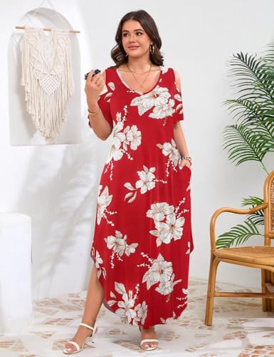Image of JollieLovin Womens Plus Size Casual Summer Maxi Long Dress Cold Shoulder V Neck Beach Sundresses