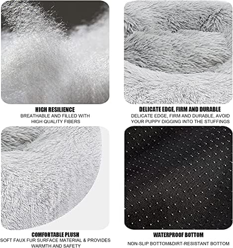سرير قطيفة للكلاب والقطط من هوكور، سرير دائري 60 سم، وسادة حيوانات أليفة طويلة من الفرو الصناعي مع قاعدة مضادة للانزلاق للكلاب الصغيرة والمتوسطة والقطط، بساط نوم مريح لبيت الكلب (رمادي)