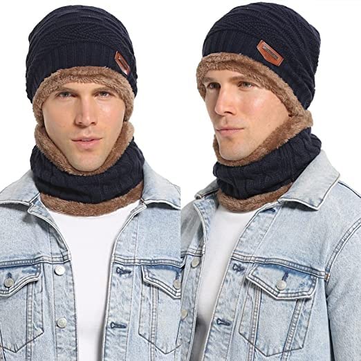 Image of Winter Thick Fleece Lined Beanie woolen Cap Hat, Neck Scarf and Touchscreen Gloves Set cap for Men Women(3 set)
