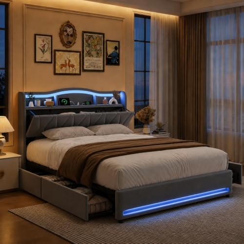HYNHXBP Lit Rembourré 140x200cm avec 4 Tiroirs, Cadre de Lit avec LED RGB, Tête de Lit avec Rangement et Ports USB Type-C, Sommier à Lattes, Tissu Doux,...