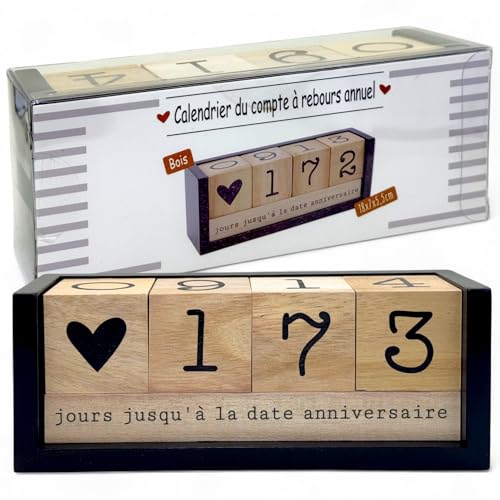 MIJOMA Calendario anual de cuenta regresiva de madera, calendario de mesa con cubos decorativos, hasta 432 días para ocasiones especiales (negro/natural, edición francesa, aprox. 18 × 7 × 5,5 cm)