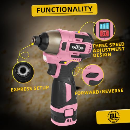 Image of 17V Brushless Screwdriver, 140Nm Cordless Impact Driver Set with 3 Adjustable Speed, 2 Batteries and Led Work Light (Pink)