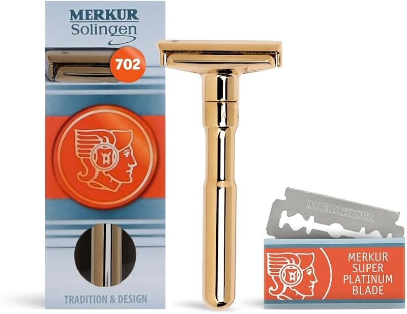 Aparelho de Barbear de Segurança MERKUR FUTUR 702 Ajustável com Lâmina de Dois Gumes, Acabamento Bright Gold, Cabo de Latão e Tampa de Encaixe