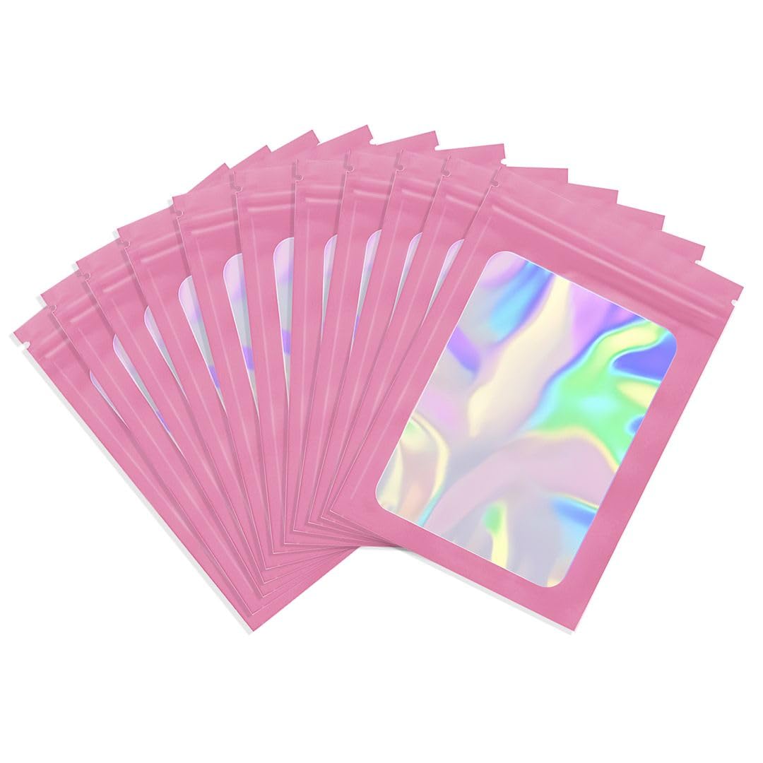 Rimiko 50pcs Pink Ziplock Mylar Bags with Clear Window, Aluminum Foil Sample Bags, Resealable Holographic Bags, Self-Sealing Pouches for Packaging and Food Storage (Holographic Pink, 3.1"x5.1")