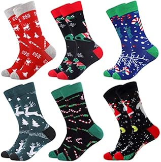 Toes Home Christmas Novelty Funny Socks Mens, 6 Pairs Funky Casual Cotton Socks Fun Patterned Calf Xmas Socks for Men