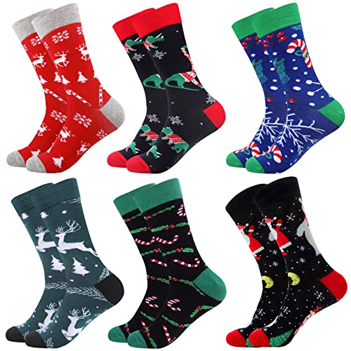 Toes Home Christmas Novelty Funny Socks Mens, 6 Pairs Funky Casual Cotton Socks Fun Patterned Calf Xmas Socks for Men