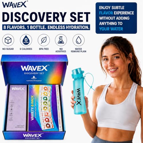Image of Wavex Scented Water Bottle + 8 Aroma Scent Pods (Cola, Strawberry, Honey Peach, Energy Drink, Green Apple,Mint,Lemon,Orange Vanilla), Flip Top Lid, Straw & Carry Strap Included (Sea Breeze Turquoise)