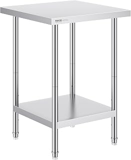 VEVOR Stainless Steel Prep Table, 24 x 24 x 34 Inch, 700 lbs Load Capacity, Heavy Duty Metal Worktable with 3 Adjustable Height Levels, Commercial Workstation for Kitchen Garage Restaurant Backyard