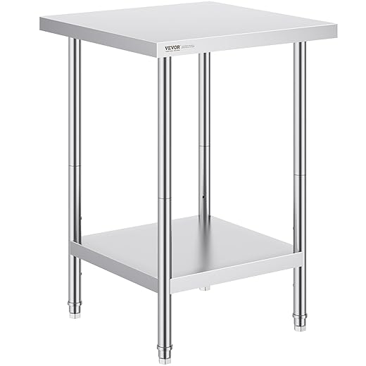VEVOR Stainless Steel Prep Table, 24 x 24 x 34 Inch, 700 lbs Load Capacity, Heavy Duty Metal Worktable with 3 Adjustable Height Levels, Commercial Workstation for Kitchen Garage Restaurant Backyard