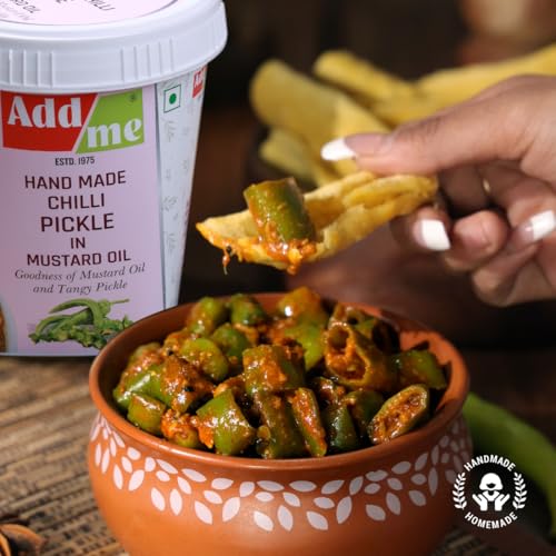 Image of Add Me Hand Made Chilli Pickle 500 g in Mustard Oil | kati hari mirchi ka achar Green Chili Mirch Pickles 500gm