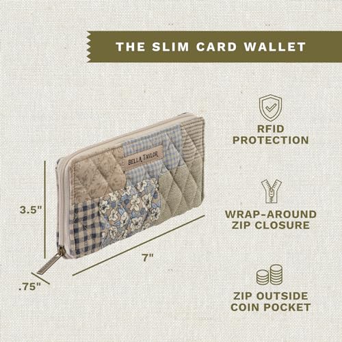 Bella Taylor Slim Card Wallet for Women | Quilted Cotton Fabric Zip Around Credit Card Wallet with RFID Protection | Khaki Patchwork3