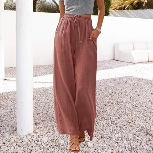 Women's Linen Summer Palazzo Pants Flowy Wide Leg Beach Pants with Pockets2