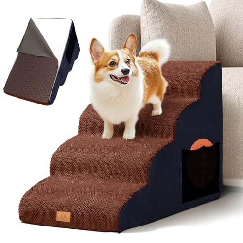 Masthome Escalera para Perros de 4 Peldaños, Escalera para Mascota de Espuma de Alta Densidad, Rampa para Animales con Funda Extraíble y Lavable, para Perros Mayores, Gatos