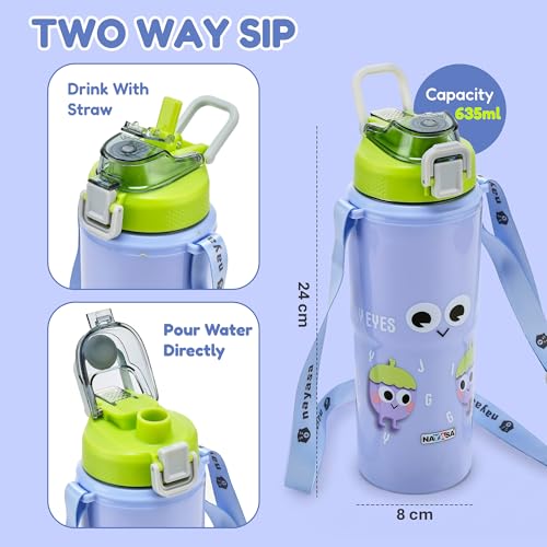 Image of Nayasa Kiddy Duo-Sip Kids Insulated Inner Steel Water Bottle 700-635 ml | Dual Drinking Mode | BPA-Free & Food Grade | Brinjal Print | With Strap, Handle & Neck Band | Lavender