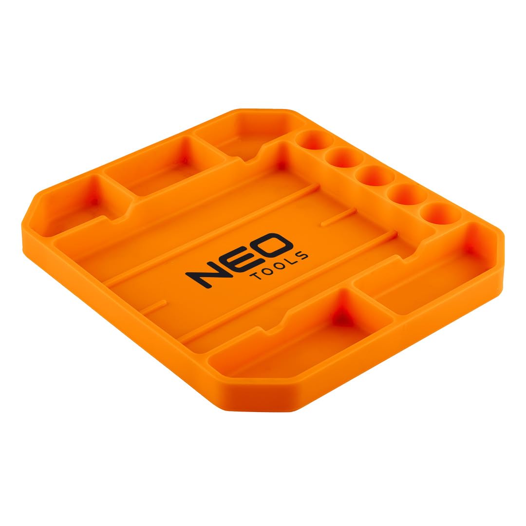 NEO TOOLS Bandeja de herramientas de silicona, 25,7 x 23,2 x 2,5 cm, 6 compartimentos, 5 portabrocas, antideslizante, ligera, protege herramientas y equipos de taller, flexible, antideslizante