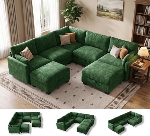 Image of Modular Sectional Sofa, Oversized V-Shaped Couch with Storage | High Resilience Foam, 22 inch Seat Depth, Movable Ottoman, Comfy Chenille, Easy Assembly, Green