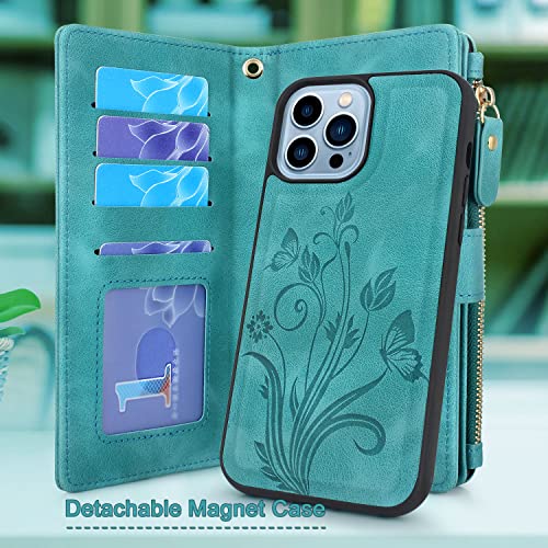 Lacass Compatible with iPhone 13 Pro Max 6.7 inch 2021 Case [Card Slots] ID Credit Cash Holder Zipper Pocket Detachable Magnet Leather Wallet Cover Wrist Strap Lanyard(Floral Blue Green)