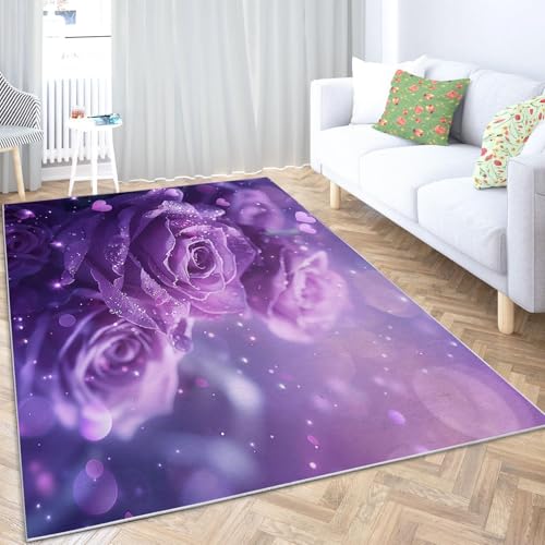 UUZEAI Alfombra Lavable para Sala de Estar con Estampado de Rosas en 3D, Color Morado, para Dormitorio de niña, mesita de Noche, Suave y Antideslizante, para Pasillo, 100x200cm