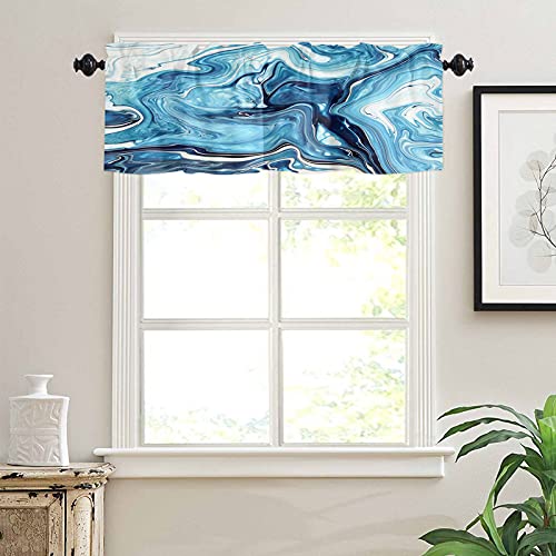 Valance Curtains For Kitchen Windows Marble Navy Blue Ink Painting Short Window Valances Treatment Rod Pocket Valance For Bathroom Bedroom Laundry Room 54X18In , 1 Panel #TOP2