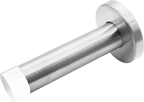 Jersvimc 1 tope de puerta de acero inoxidable 304 plateado con punta de parachoques de goma blanca, tope de puerta de amortiguación de sonido,