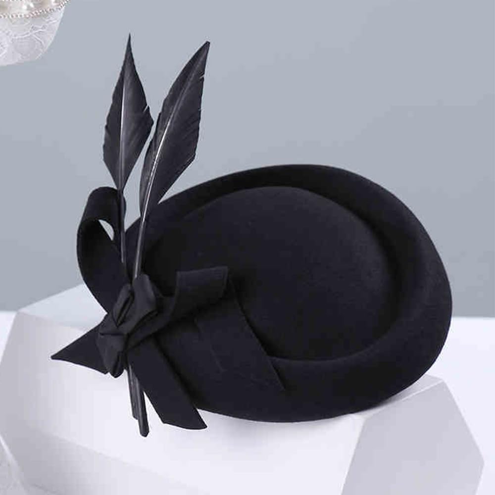 Wool Felt Fascinators Hats Women Ladies Wedding Cocktail Tea Party Church Derby Cap Pillbox Hat with Feather - Image 3