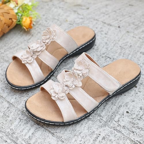 2025 Women's Floral-embellished Slip on Sandals, Summer Lightweight and Comfortable Non-slip Low-heeled Orthopedic Sandals with Arch Support4