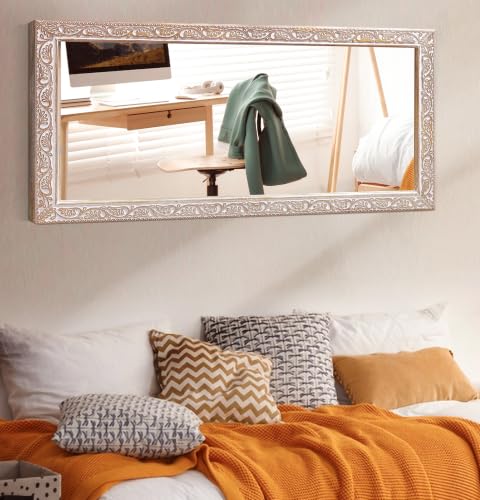 Image of Rustic Solid Wood Wall Mirror - Bathroom Vanity Mirror, Farmhouse Decorative Mirror for Home, Vertical & Horizontal Hanging, Wood Finish 48x24x1.25 inch White Antique
