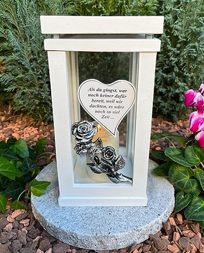 Lampada funeraria lanterna bianca con rosa e cuore con testo – candela funeraria decorazione funeraria 27 cm H. decorazione funeraria nuovo modello senza base.